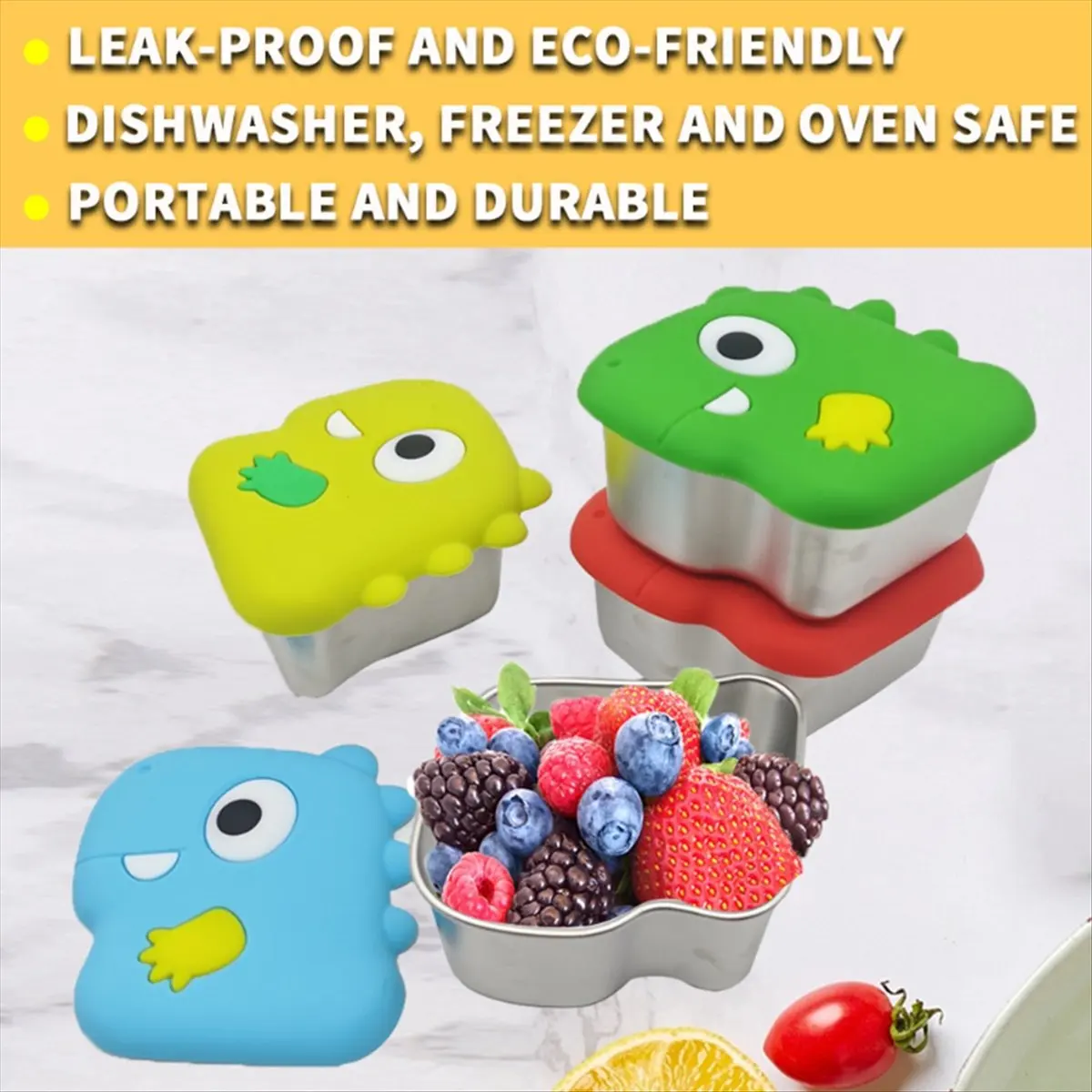 N14R Top 304 Stainless Steel Dinosaur Snack Box with Silicone Lid Dip Container Food Storage -Keeping Box Sealed Snack Cup D