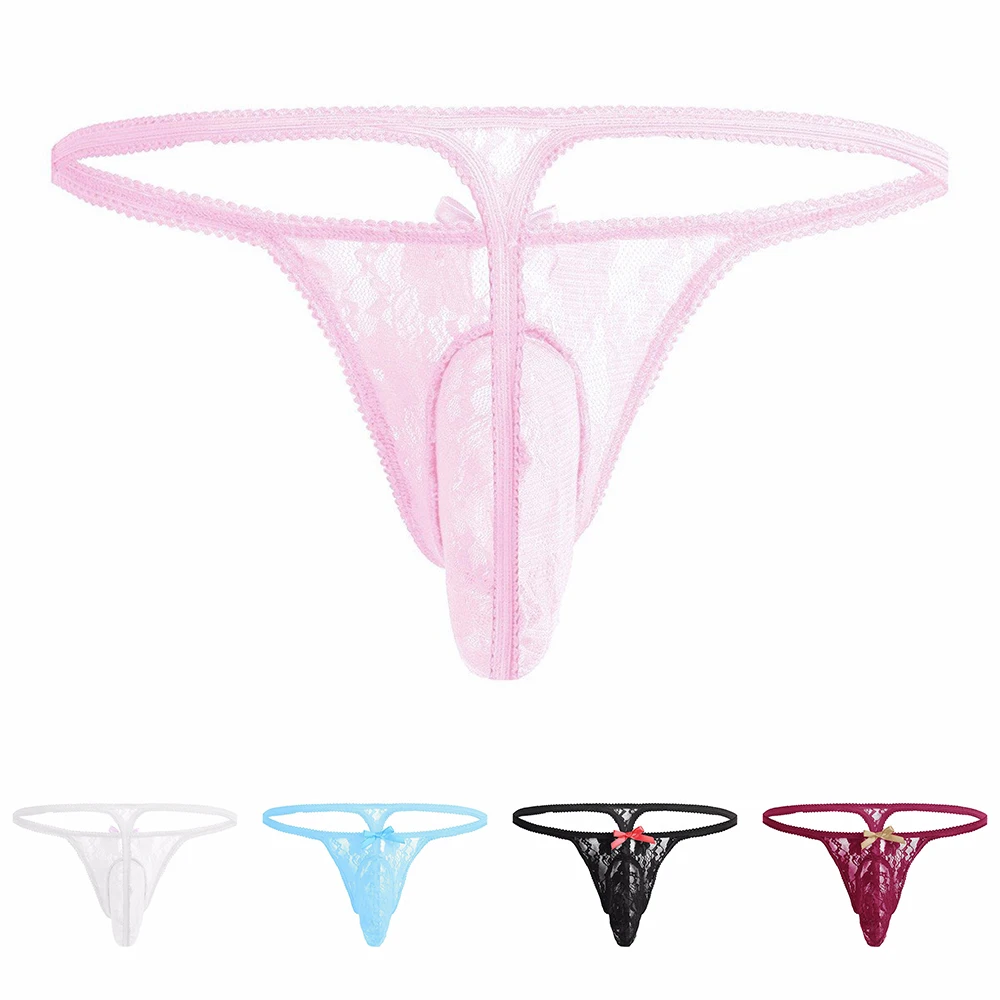 

1pc Men Lingerie Briefs Thongs Mesh Sheer Comfortable Thin Underwear Bow Pouch Lace G-Strings Sissy Sexy T-Panties