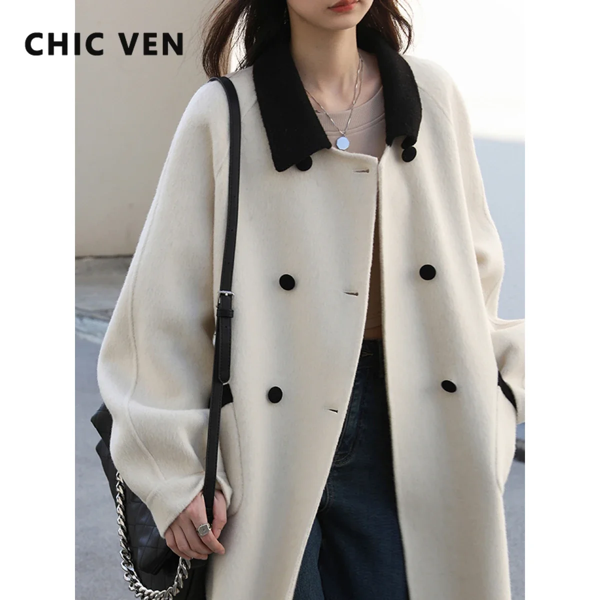 

CHIC VEN Women's Woolen Coats Korean Paux Contrast Double Breasted Long Coats Warm Straight Female Overcoat Winter 2023