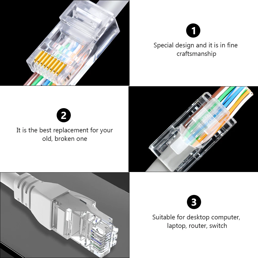 

100pcs Joint Ethernet Cat5e Cable Connector 180 Degree Bend Resistant Reinforced Clip Durable for Router