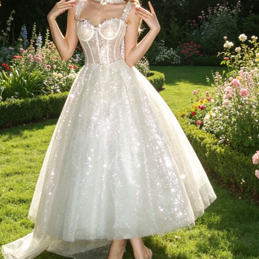 Luxury Sweetheart Shiny Beading Sleeve Pleat A-Line Bride Wedding Dresses Bridal Gowns Customized