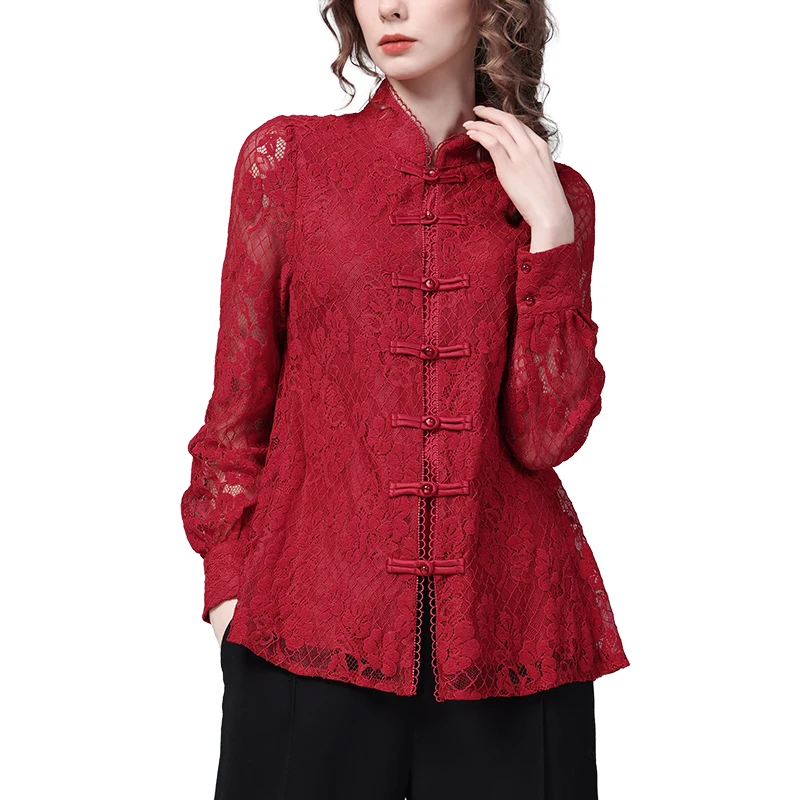 Vintage Chinese Style Red Lace Shirt 2023 Spring New Long Sleeve Stand-up Collar Hollow Design Women Tops Elegant Floral Blouses