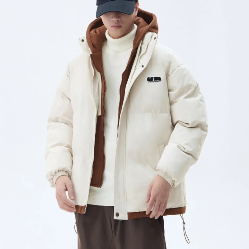 

Autumn Cotton-Padded Coat Men 2025 Winter Oversized Fake Two-Piece Parkas Outdoor Warm Thick Bread Jackets Plus Size Hooded Tops