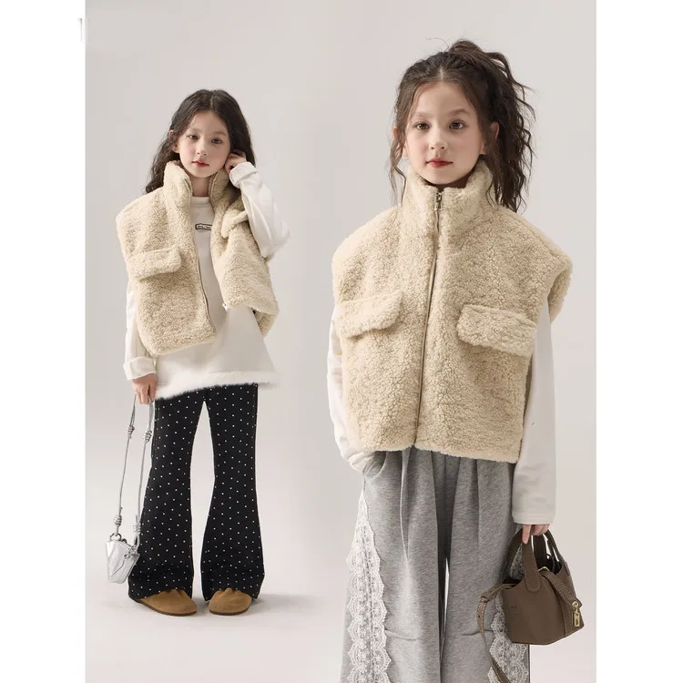 Winter Girls' Lamb Wool Vest Korean Children's Stand-up Collar Warm Plush Vest Jacket Fluffy Middle-aged Children