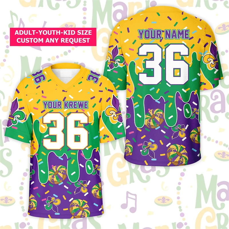 Fashion Mardi Gras Drip Football Jersey Custom Name Number Sprinkles Ice Cream Fleur De Lis T Shirts Loose Breathable Tees Tops