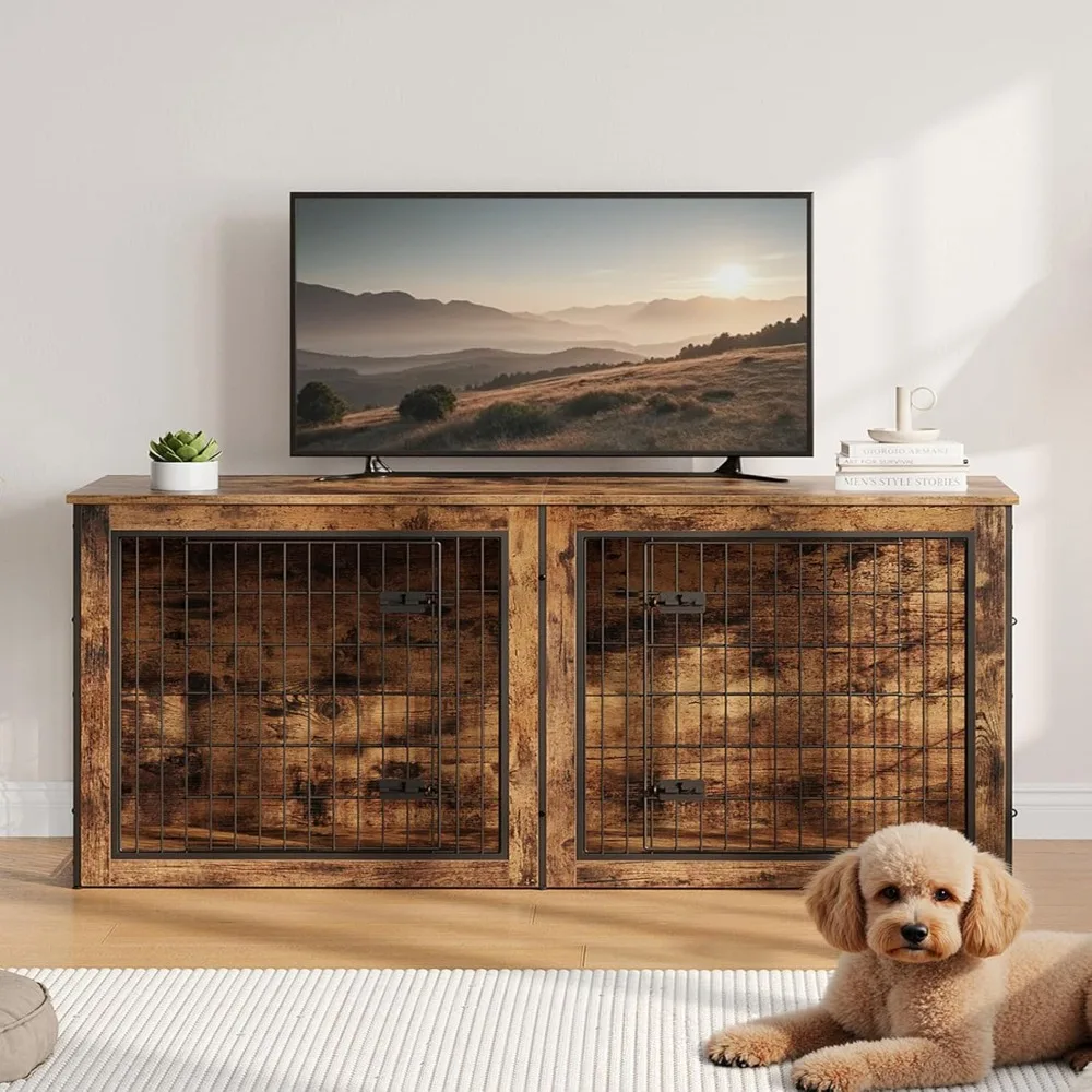 

Masterpiece Dog Crate Furniture For 2 Dogs, 63" Large Double Dog Crate Furniture With Divider, Wooden Indoor Dog Kennel