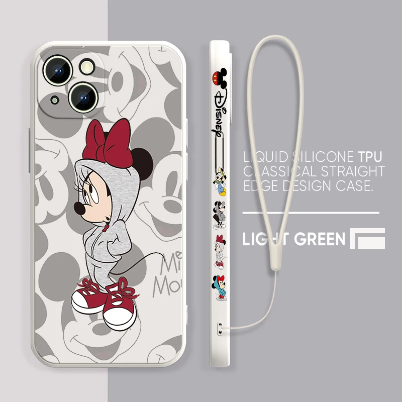 Disney Mickey Minnie Mouse For Apple iPhone 15 14 13 12 11 Pro Max Plus 8 7 SE Liquid Left Rope Phone Case Capa Soft Cover