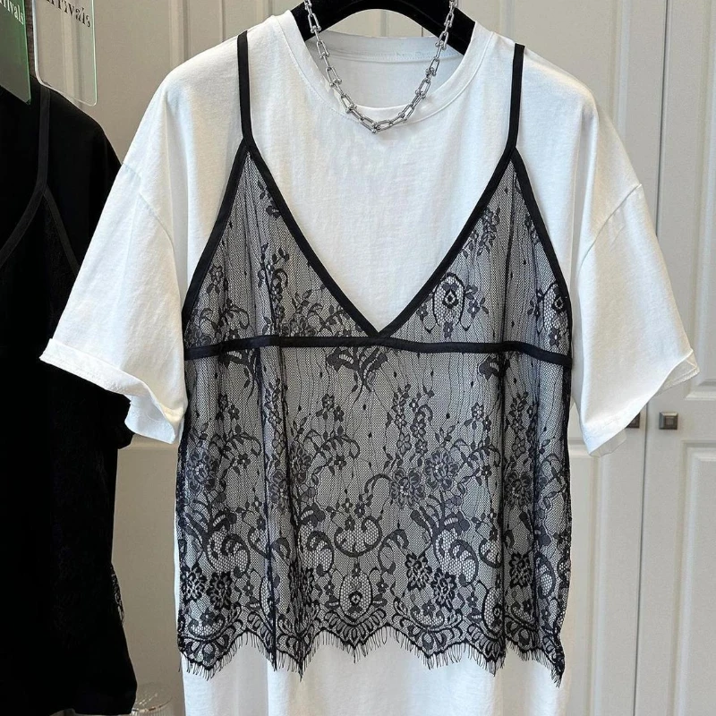 French Large Size Fashion Summer Patchwork Lace Women New Fake Two Pieces Round Neck Short Sleeve T-shirt Loose Casual Tops