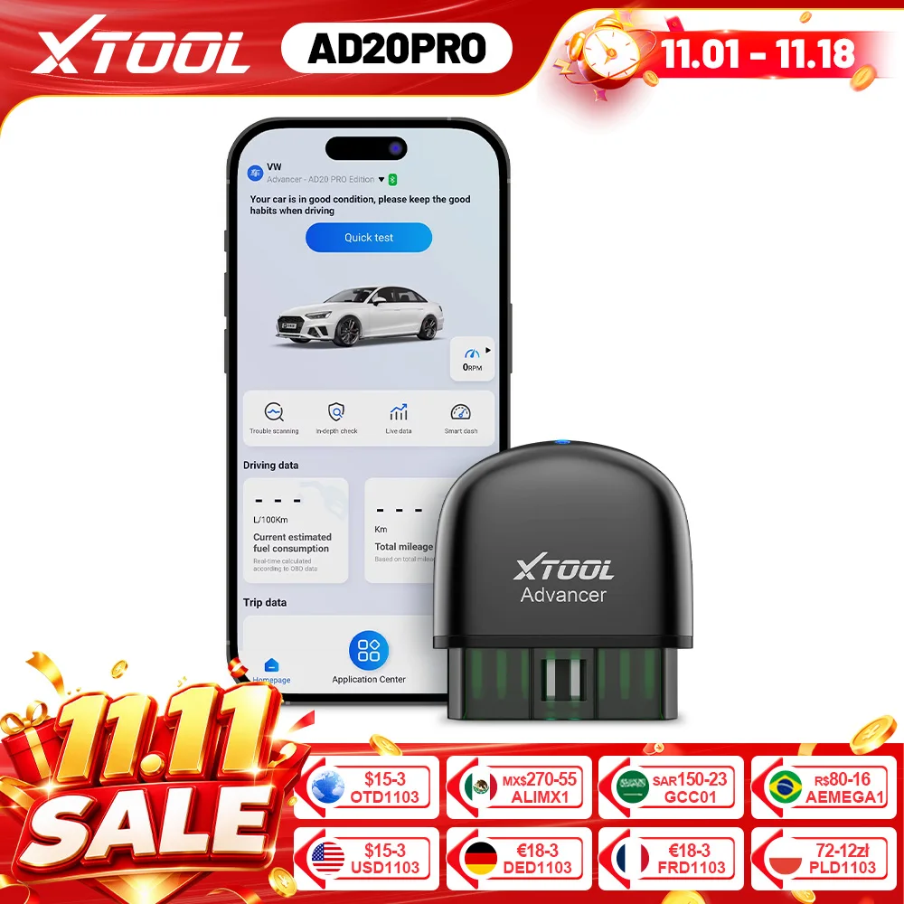 XTOOL AD20 PRO OBD2 Scanner Wireless BT Car Diagnostic Tool with All System Scan Code Reader Clear Oil Reset for iPhone Android