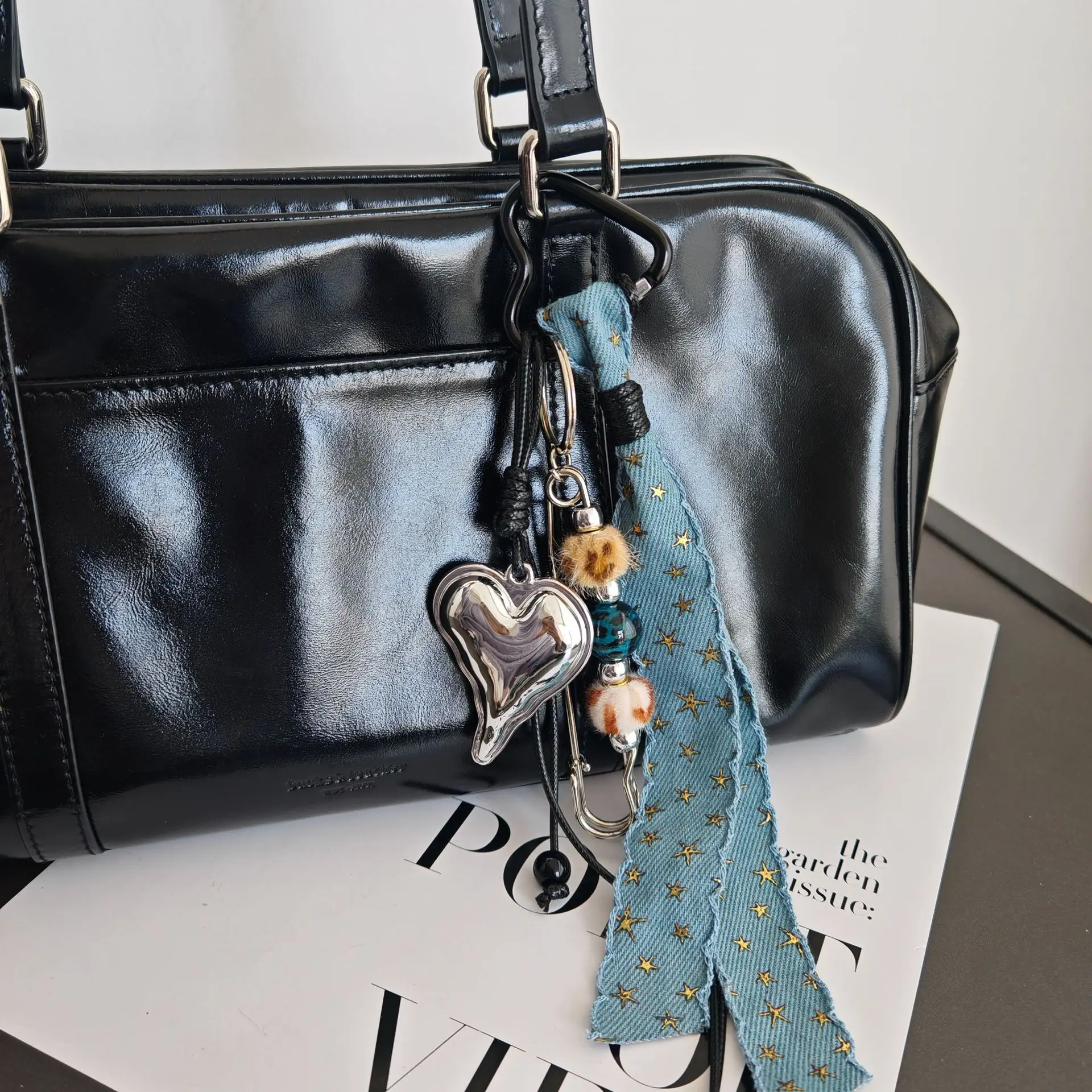 Miu Series Bag Hanging, High-end Sense Pendant, Medela Style Silver Peach Heart Creative Denim Braided Rope Pendant