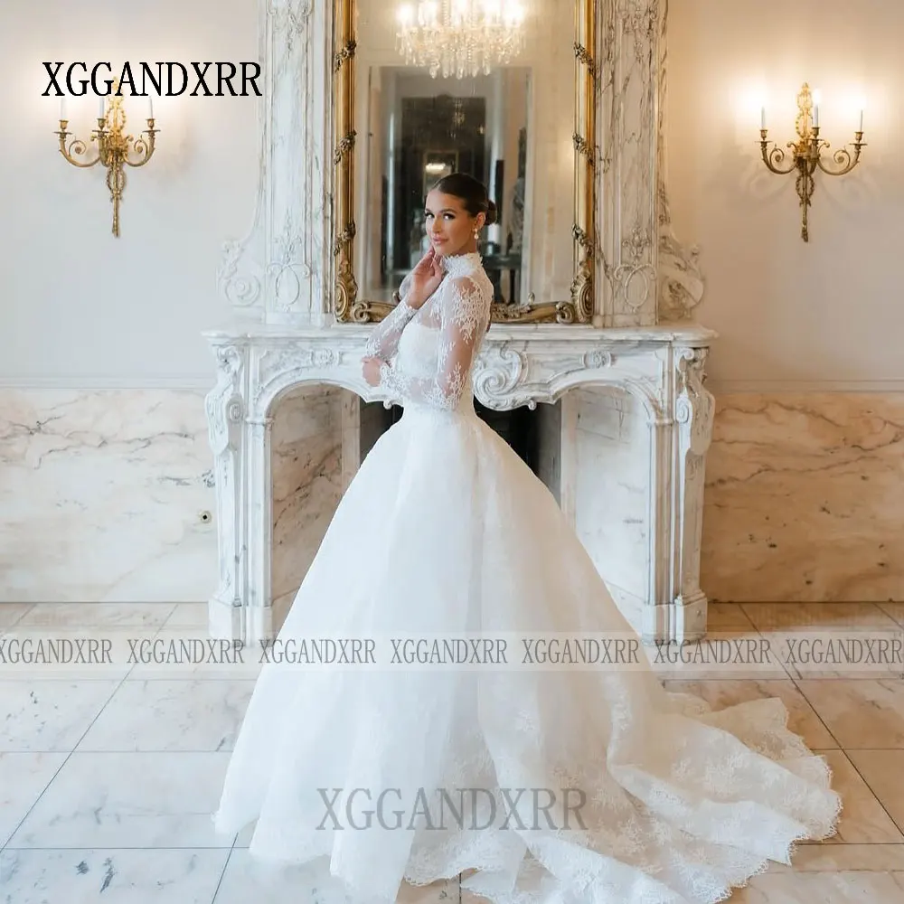 XGGandXRR Abito da sposa elegante in pizzo con collo alto personalizzato Abito da sposa a maniche lunghe per donna Abito da sposa a trapezio lungo fino al pavimento