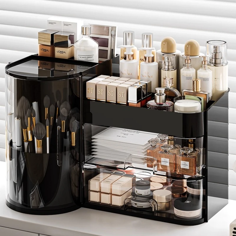 

Desktop Cosmetics Storage Box Organizer Rotating Dust-proof Makeup Brush Holder Light Luxury Compartment Lipstick Storage Holder