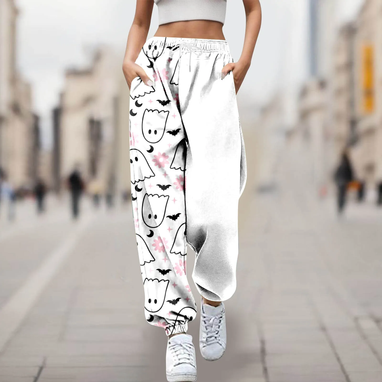 

Lady's Halloween Cartoon Printed Casual Pants Flare High Waist Yoga Pant with Pocket