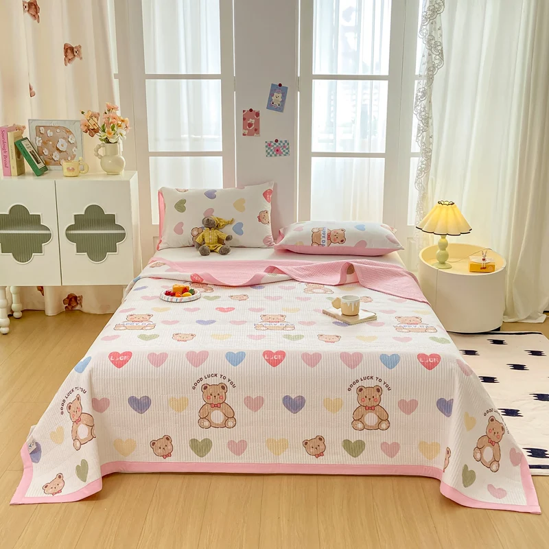 3 Pieces Cartoon Bear Bed Sheet Set Love Print Bed Cover Cute Letter Pattern Stripe Flat Sheet Childrens Girls Women Bedding