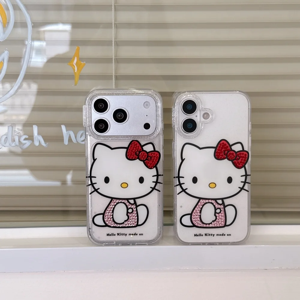 Coque de téléphone 3D mignonne en strass KT pour iPhone 17 Pro 16 15 Pro Max, transparente, scintillante, antichoc, en TPU souple avec nœud rouge anti-chute