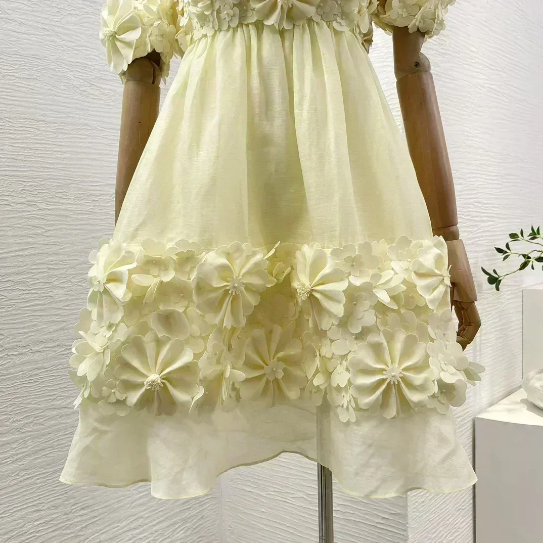 Linen Silk 2024 New Summer Design Collection Yellow High Quality Three-dimensional Decoration Cut Out Back Mini Tube Dresses