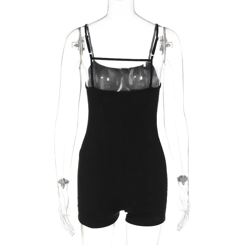Nuevo Jersey negro Sexy ajustado con espalda descubierta para mujer, camisola, mono, moda de verano, mono deportivo informal sencillo sin mangas, pantalones cortos