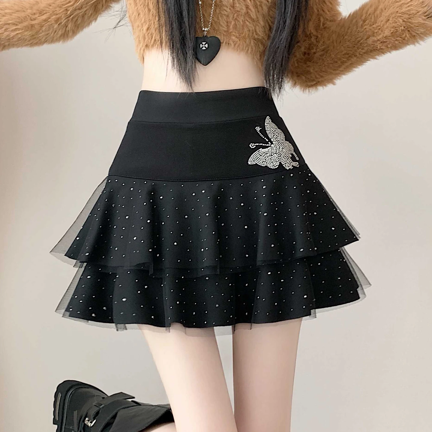 

Faionable Sparkling Diamond Cake Skirt High Waist Slim A-Line Puffy ort Skirt Women's Autumn Winter New Sle Ele Nyl...