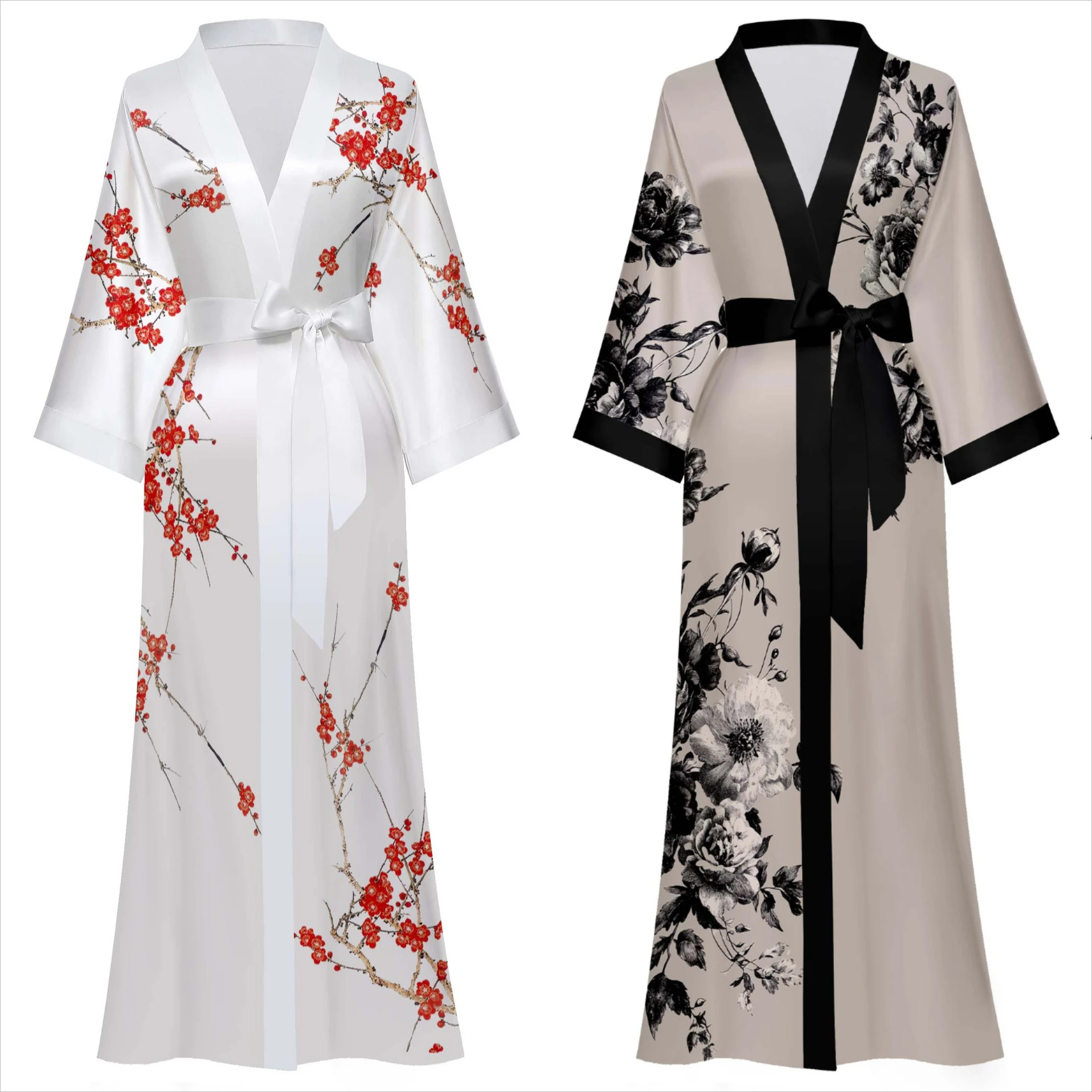 

Халат больших размеров с цветочным принтом, кимоно, летний женский халат, банное платье, рубашка для сна, шелковистая атласная одежда для сна, ночная рубашка, одежда для дома