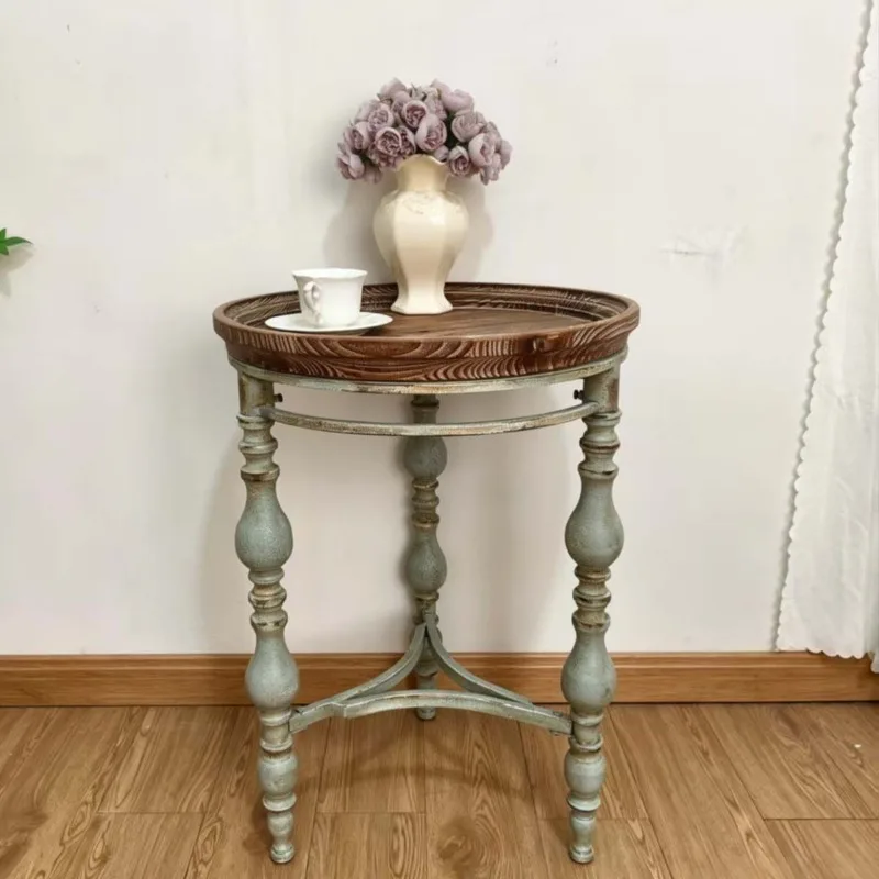 American retro round table coffee table, solid wood medieval corner table, leisure homestay balcony sofa splicing wood grain