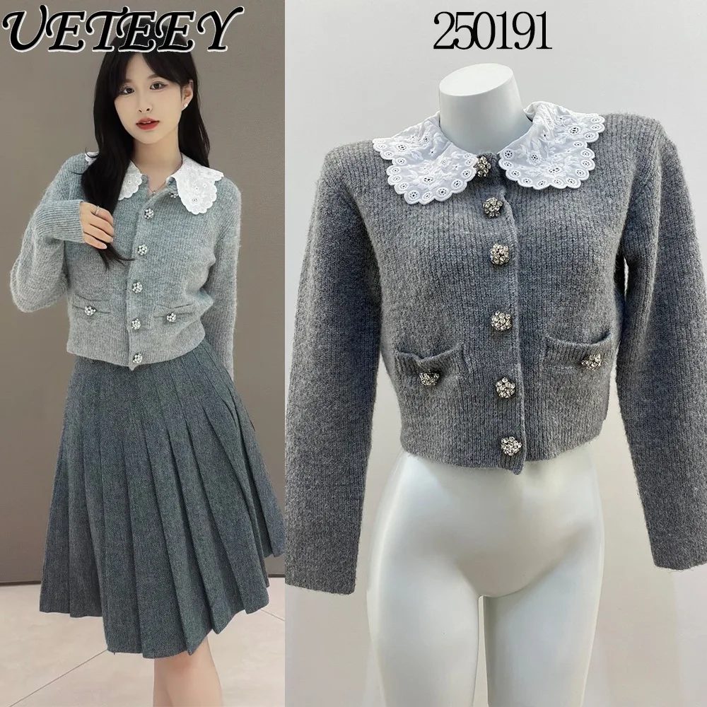 

2026 Early Spring New Detachable Lace Doll Collar Short Knitted Cardigan Sweet Temperament Rhinestone Button Wool Blend Top