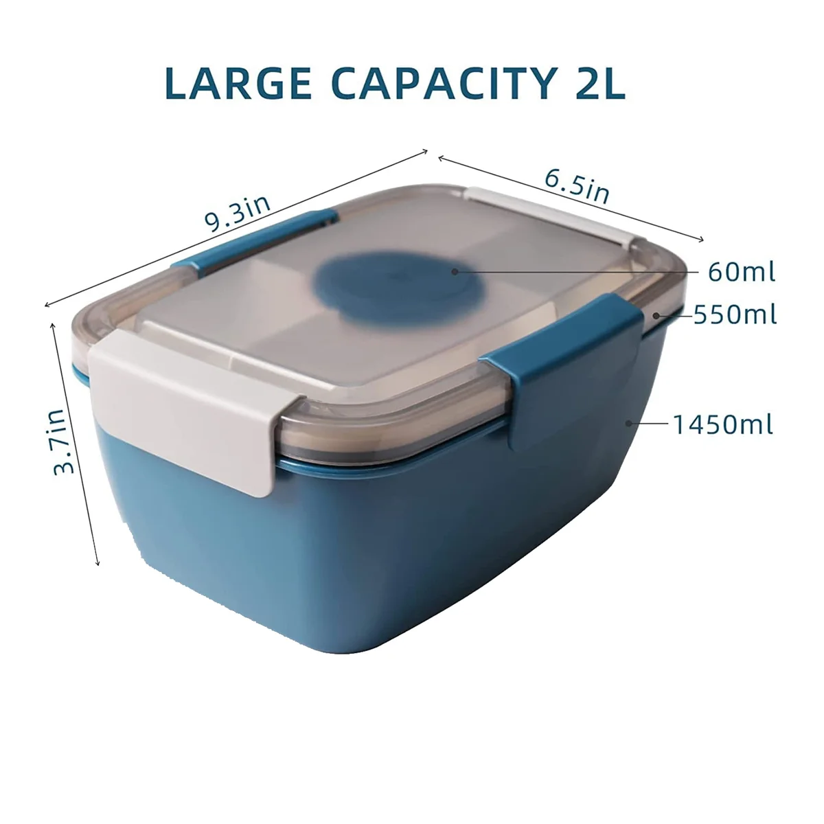 Adult Lunch Box, 2000 Ml, Lunch Box with Compartments, 2-Tier Salad Box to Go, , Sustainable, Leak-Proof Blue