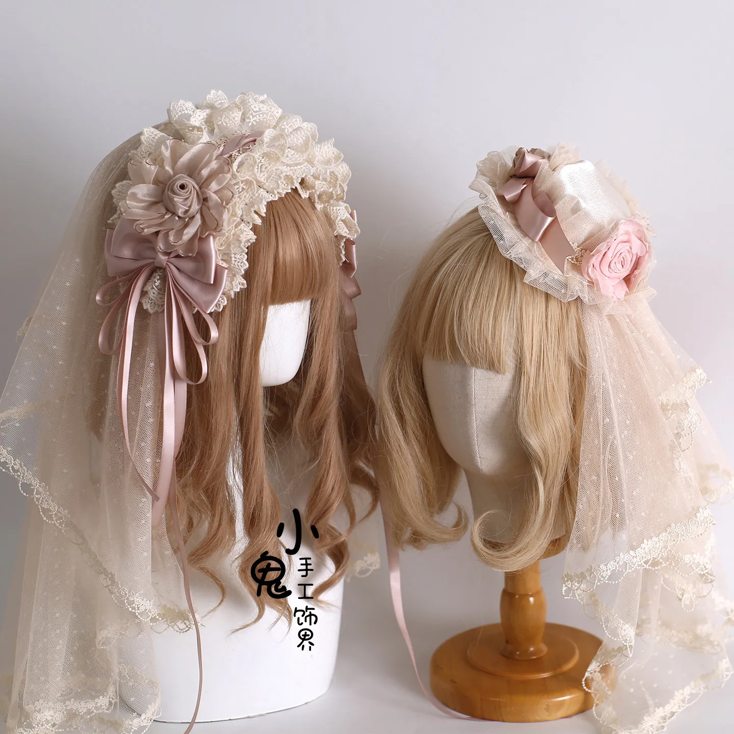 

Flower Ball Bow Lace Champagne Headband Veil Original Handmade Lolita Hair Accessories Hairpin
