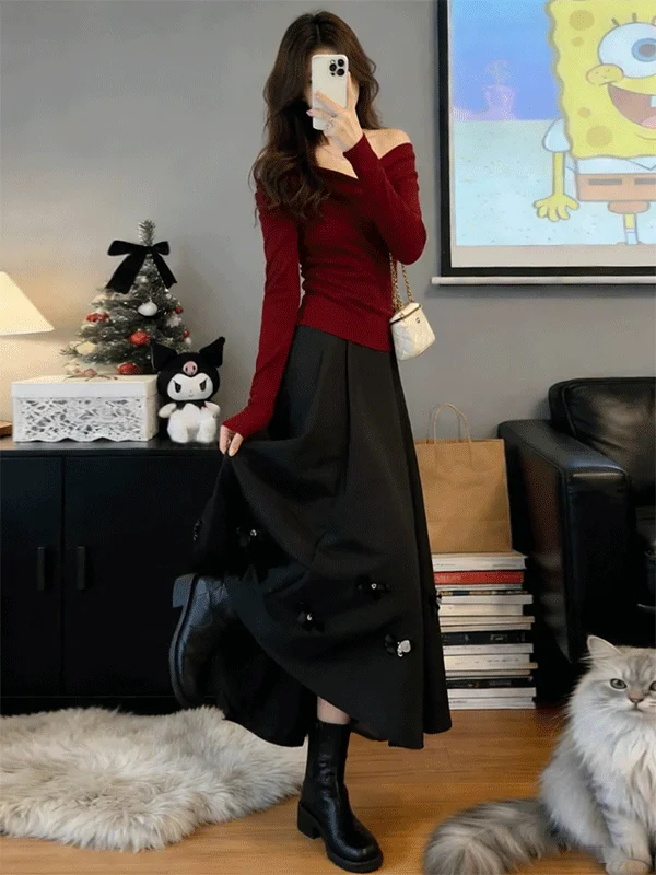 

Elegant V-neck Red Slim-fit Top with 3D Half-skirt Two-piece Set Spring Autumn Fashion Casual Women's Ensemble