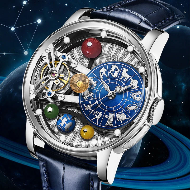 HANBORO Men Automatic Watch 43.5mm Mechanical Wristwatch Luminous 12 Constellation Dial Floating Globe