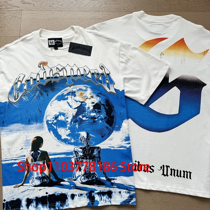 2025 New Godspeed T-shirts High Street Hip Hop Blue Print Short Sleeve American Daily Streetwear GOD SPEED Top Tee