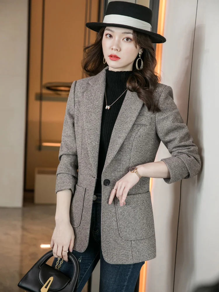 

Thickened Retro British Style Women's Suit Jacket Casual Autumn Winter Woolen Top Button up Long Sleeve Slim Fit Commute Style