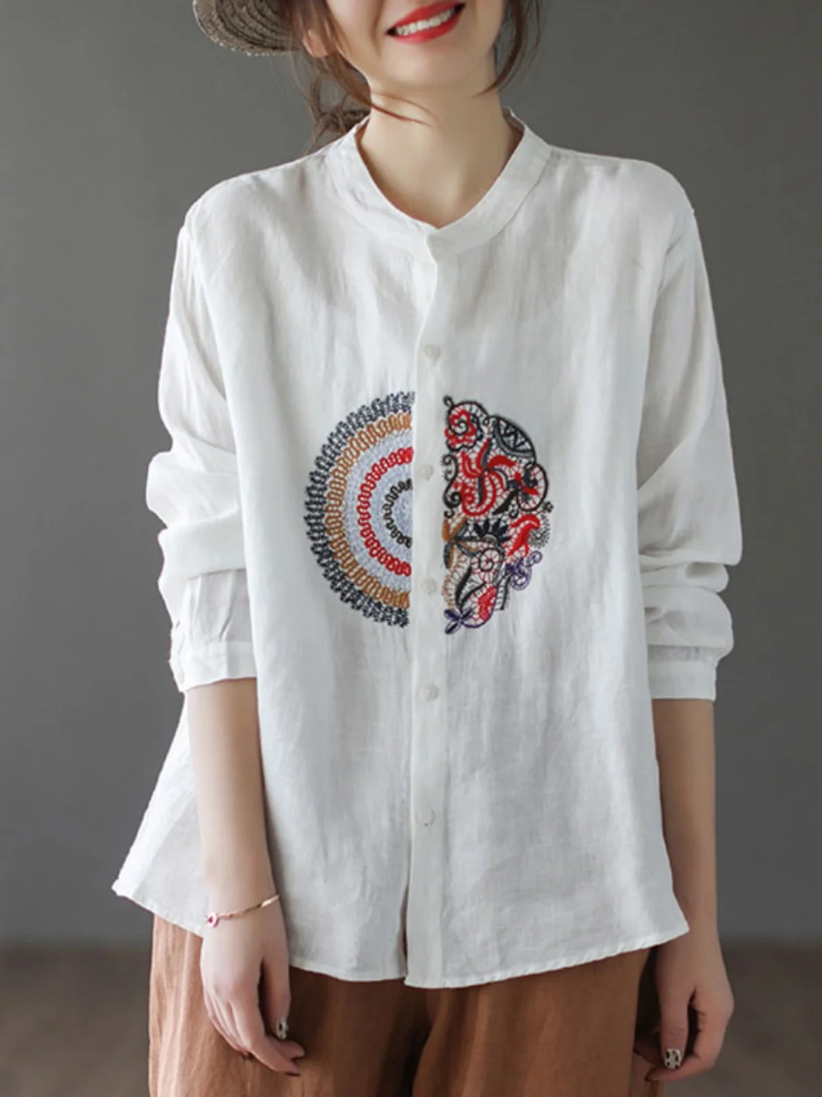 Csa de Manga Larga Bordada de Estilo Étnico Retro, Ropa Casual de Primavera para Mujer, Csa Hoada con Botones de Colo...