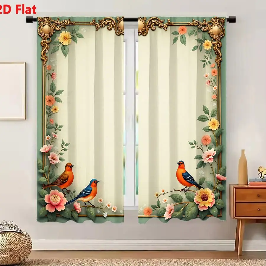 2Pcs Curtains 2D Flat Vintage Frame Ornate Golden Border Sage Green Floral Birds Romantic Victorian Style Window Drapes for Bedr