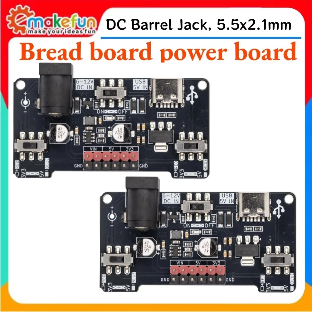 Image of Dual-Input-Breadboard-Stromversorgungsmodul, 6-12 V DC, 2,1 x 5,5 mm Klinkenstecker und Typ-C-Schnittstelle, separat gesteuerter 3,3-V- und 5-V-Ausgangsregler