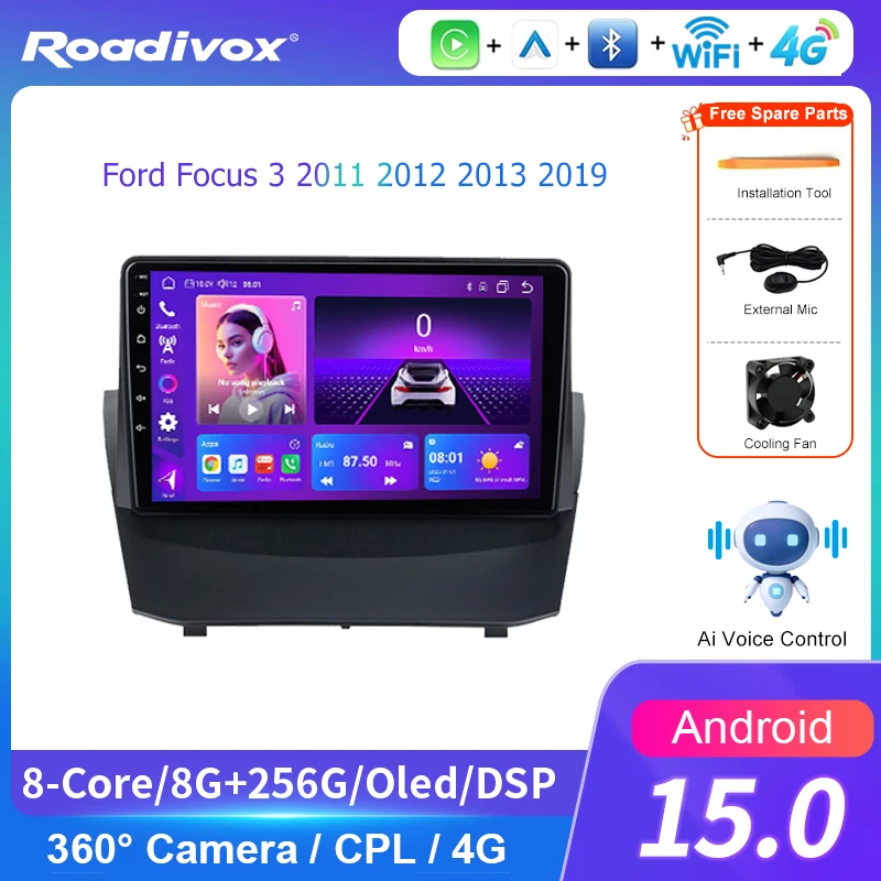 AI VOICE roadivox Android car radio for Ford Focus 3 2011 2012 2013 2019 stereo GPS Navigation video Multimedia Player tape