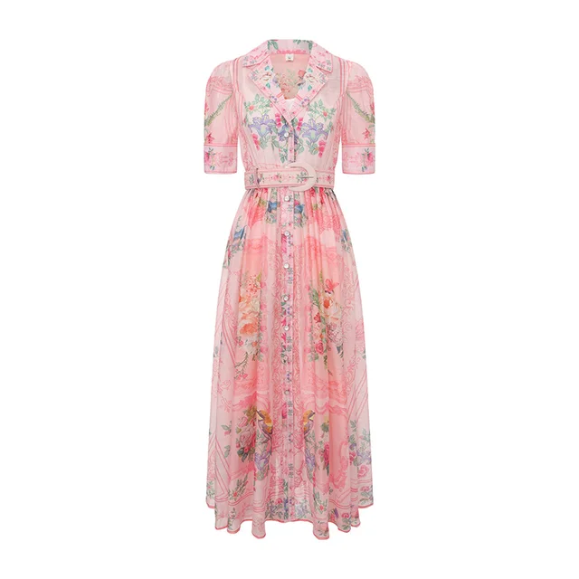 Elegante Vestido Largo Bohemio de Verano con Estampado Floral, Cuello Drapeado, Botones de Lujo y Cintura Ajustada para Mujer