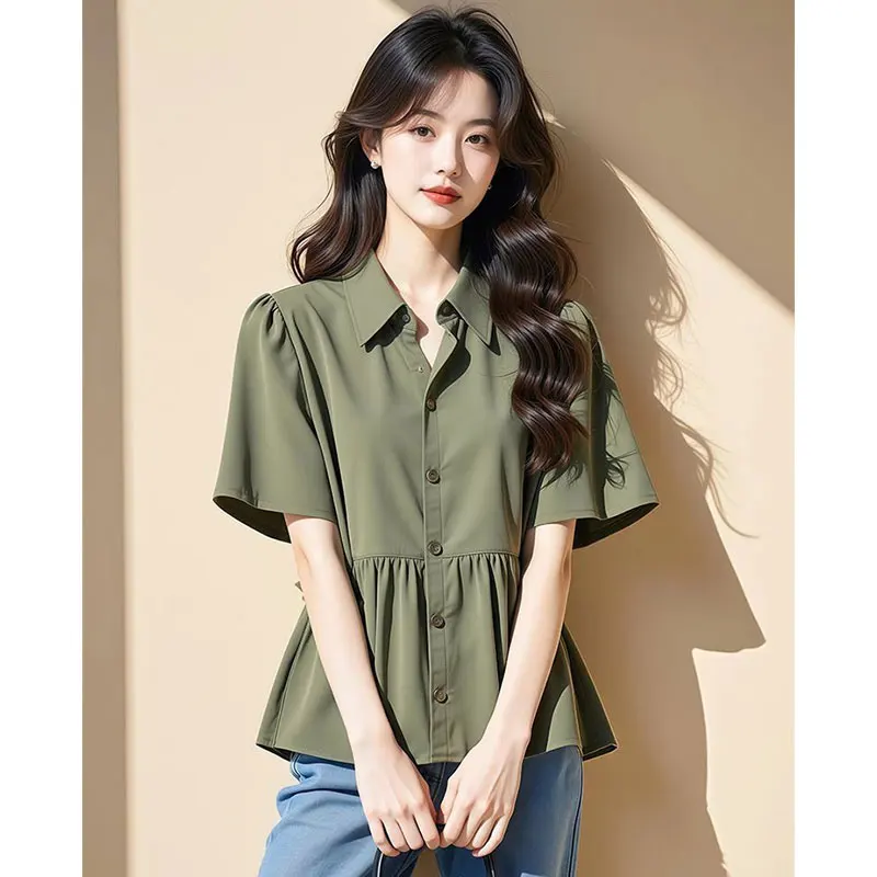 Women Clothes Summer Fashion Elegant Simplicity Solid Color Short Sleeve Shirts Women's Loose Trend All-match Temperament Tops