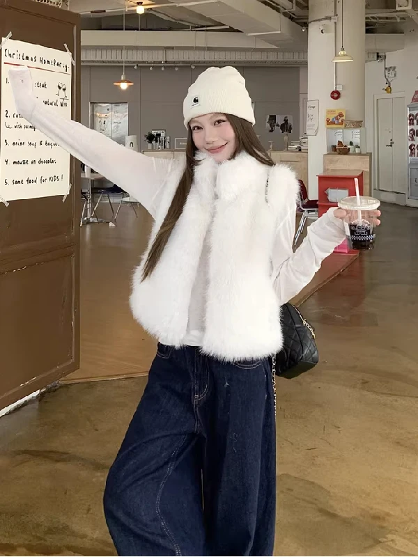 Soft Style Faux Fur Vest Outerwear Women's Small Size Layering Warmth Thermal Vest Open Cardigan Top High Waist Regular Sleeve