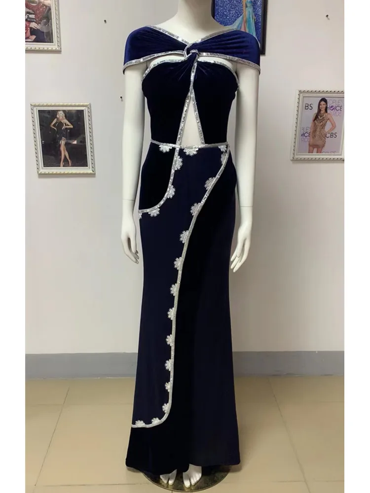 Laura Kods 2023 Summer Women Short Sleeve Backless Velvet Sequins Blue Maxi Long Dress Elegant Evening Club Party Dress