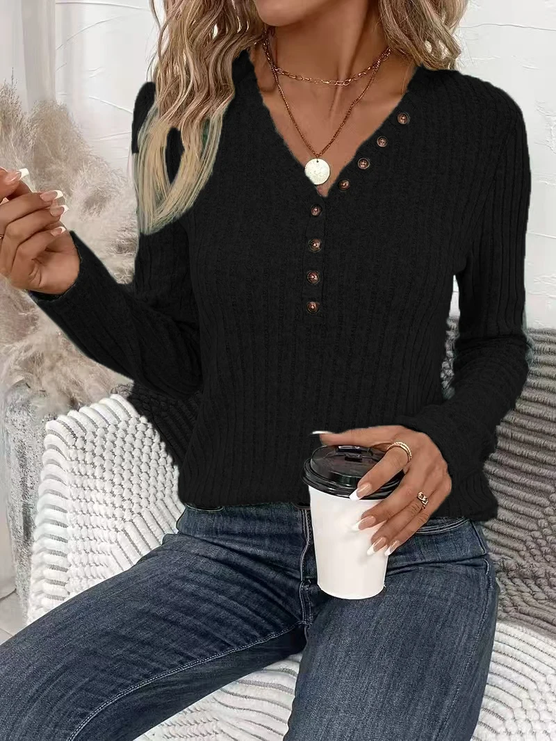 2025, grenzüberschreitendes europäisches und amerikanisches Damen-Strickhemd in reiner Farbe, lässig, langärmelig