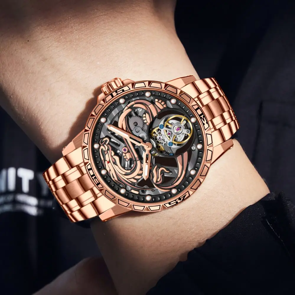 AESOP Premium Dragon Totem Tourbillon Mechanical Watch Hollow Skeleton Luxury Leather Steel Band 30M Waterproof Male Wrist Watch