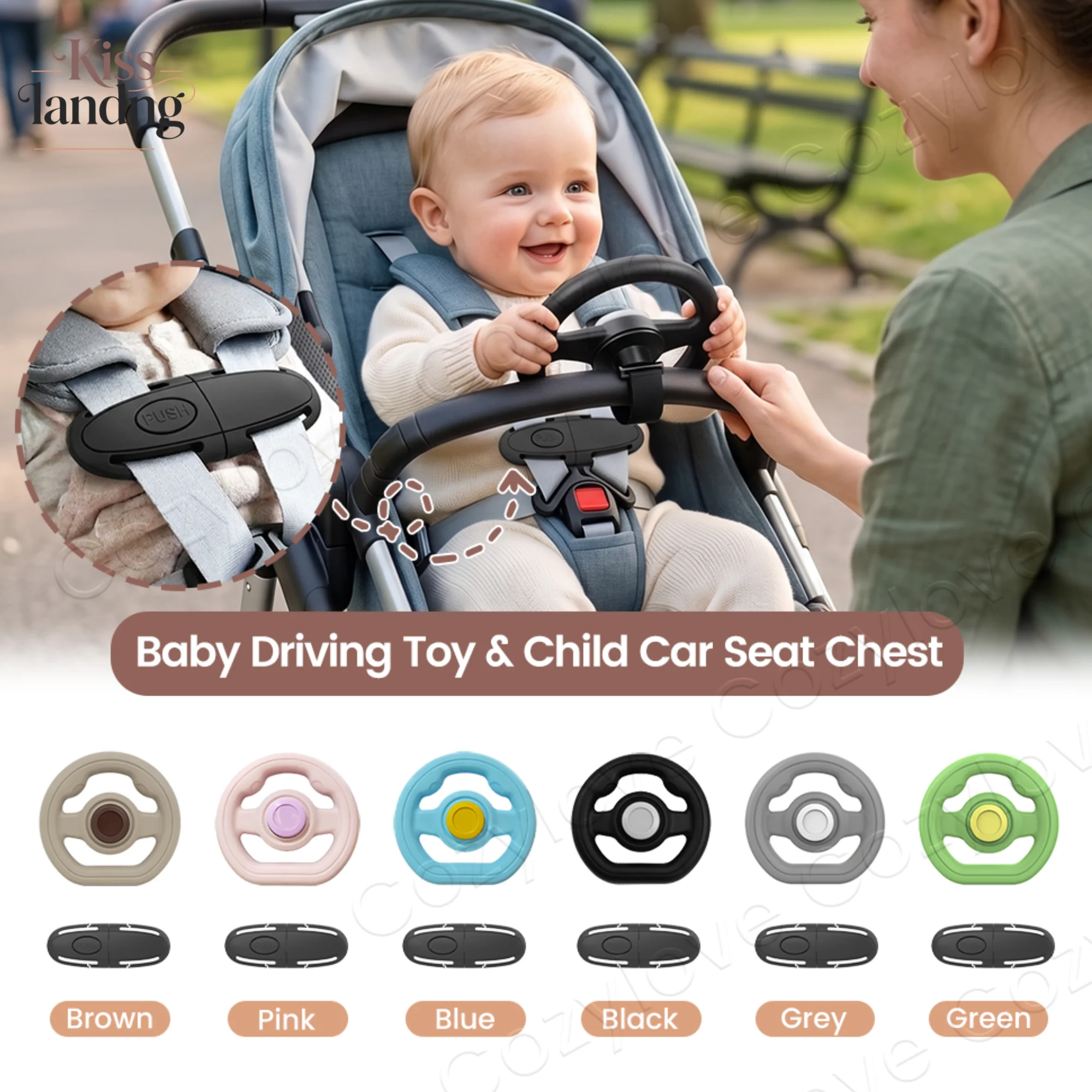 Baby Stroller Steering Wheel Toy & Chest Harness Clip,Toddler Pretend Driving Toy + Stroller Safety Strap Anti-Slip Chest Buckle