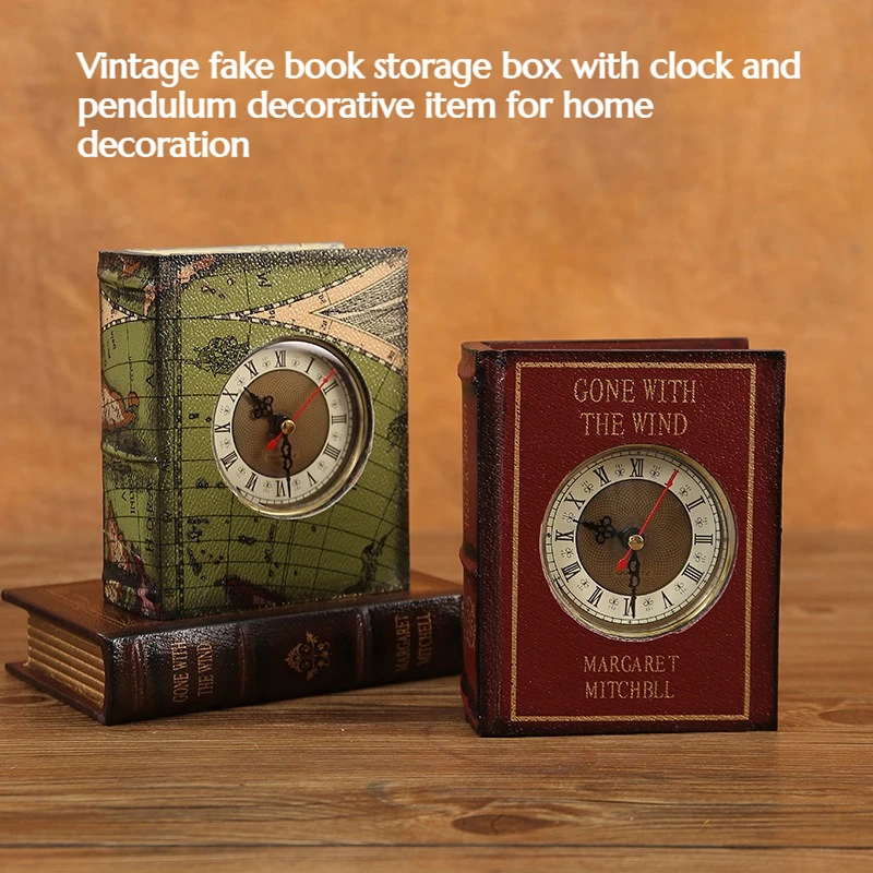 Vintage Fake Book Storage Box with Clock Watch Study Bookcase Home Desk Ornament Decorative Art Piece