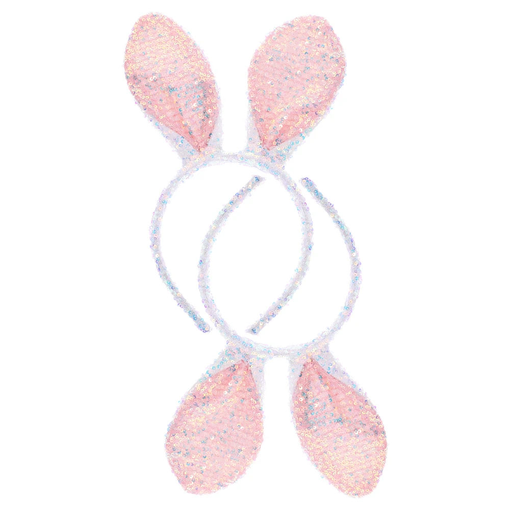 

2pcs Sparkly Pink Bunny Ears Headband Sequin Rabbit Hairband For Face Wash Makeup Spa Costume Party Favors Elastic Lightweight