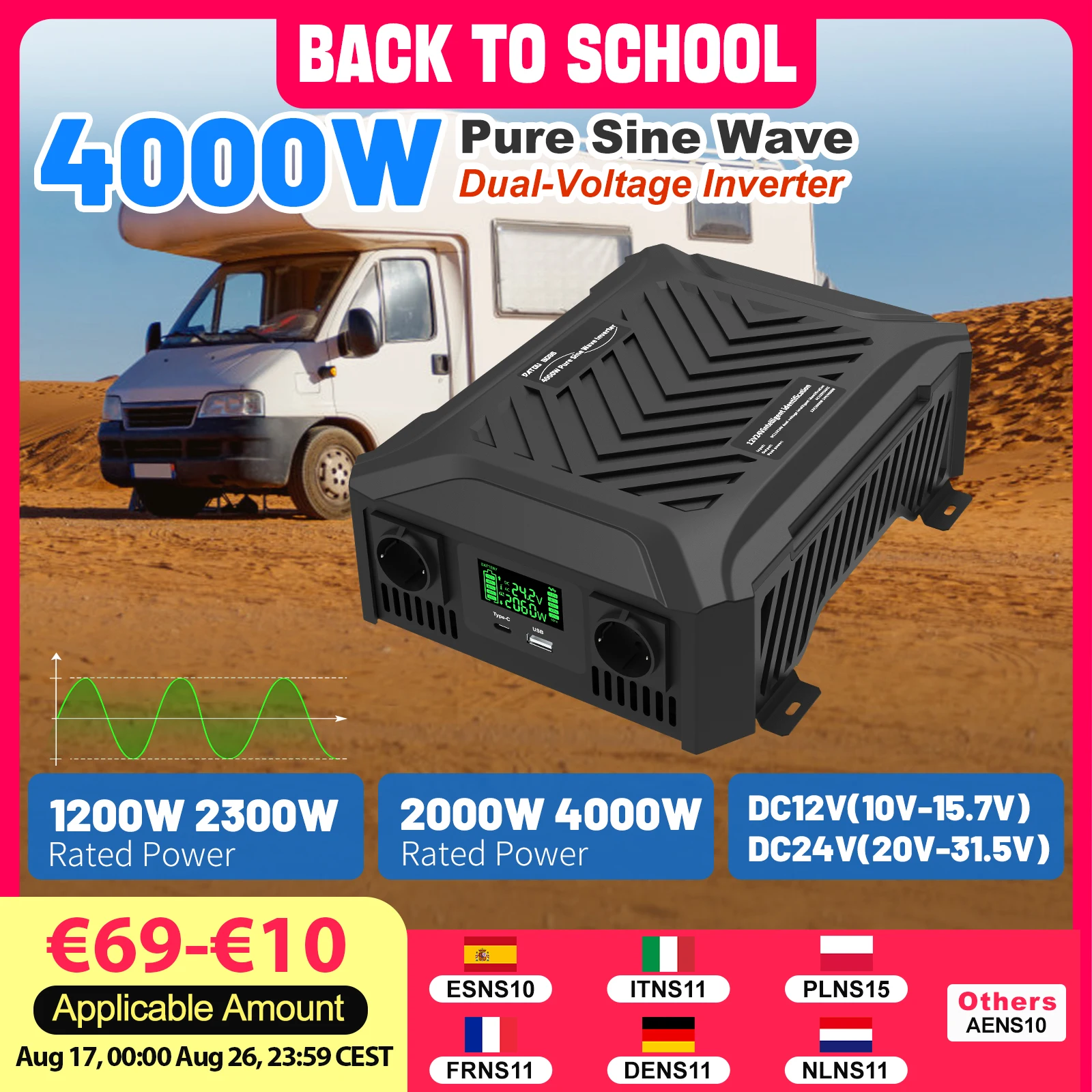 DATOUBOSS 12V 24V Auto Switch Pure Sine Wave Inverter Portable 1200 W2300W DC12V-24V for RV Off-Grid Solar System