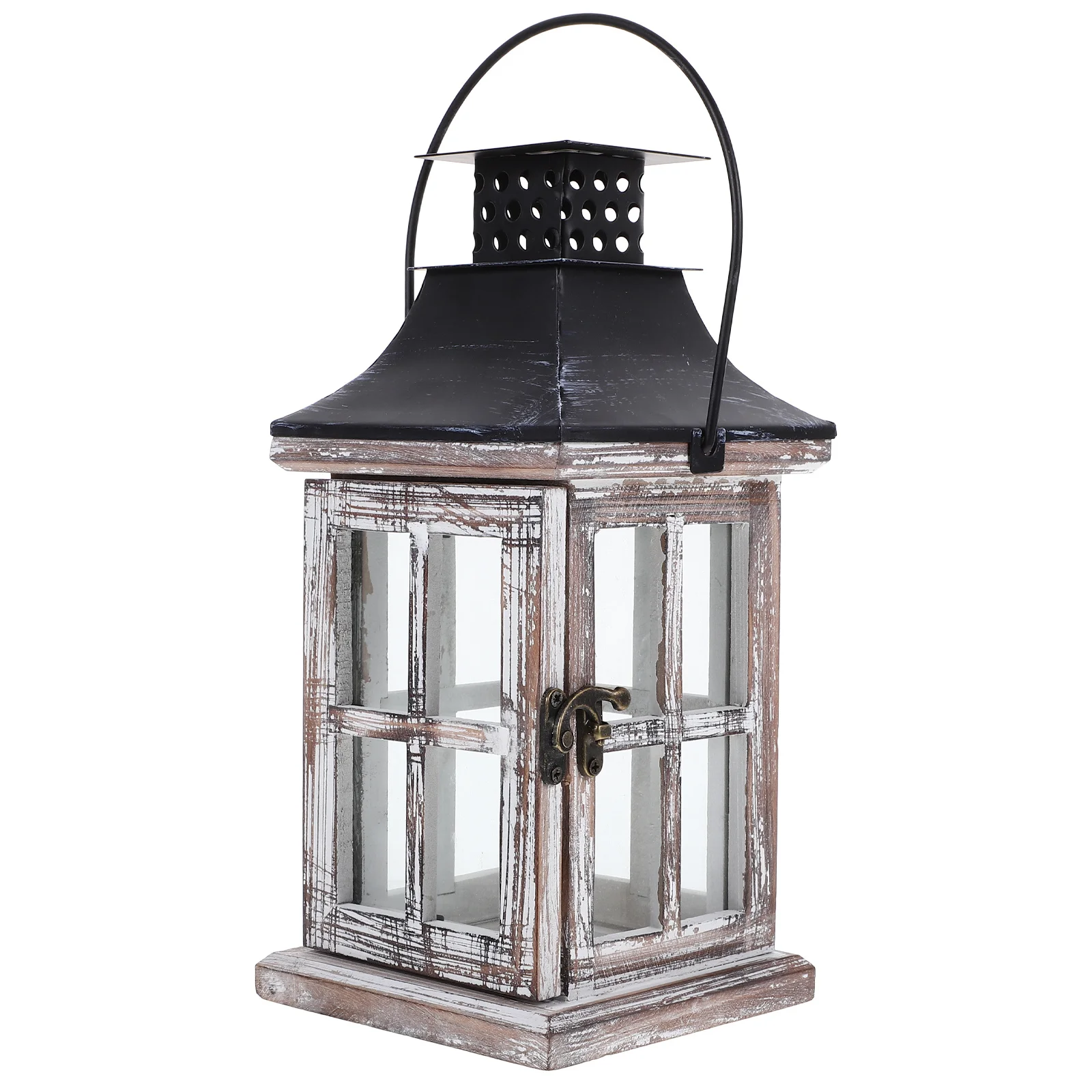

Vintage Wooden Lantern Holder with Iron and Glass for Outdoor Indoor Decor Romantic Wedding Table Centerpiece Home