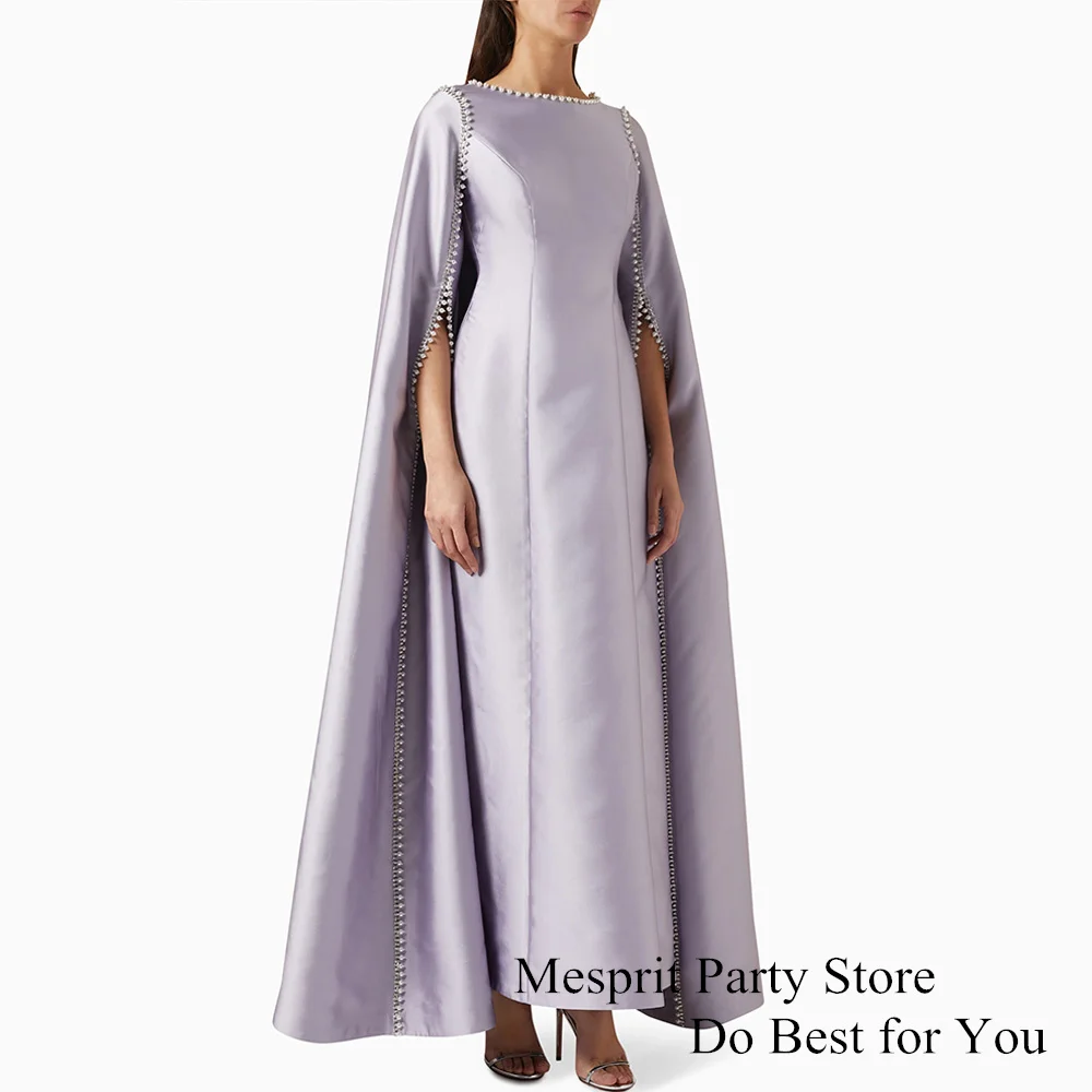 Lilac Saudi Arab Evening Dress Scoop Neck Pearls Long Sleeves Cape Ankle Length Holiday Satin Prom Dresses Pageant Party Gown