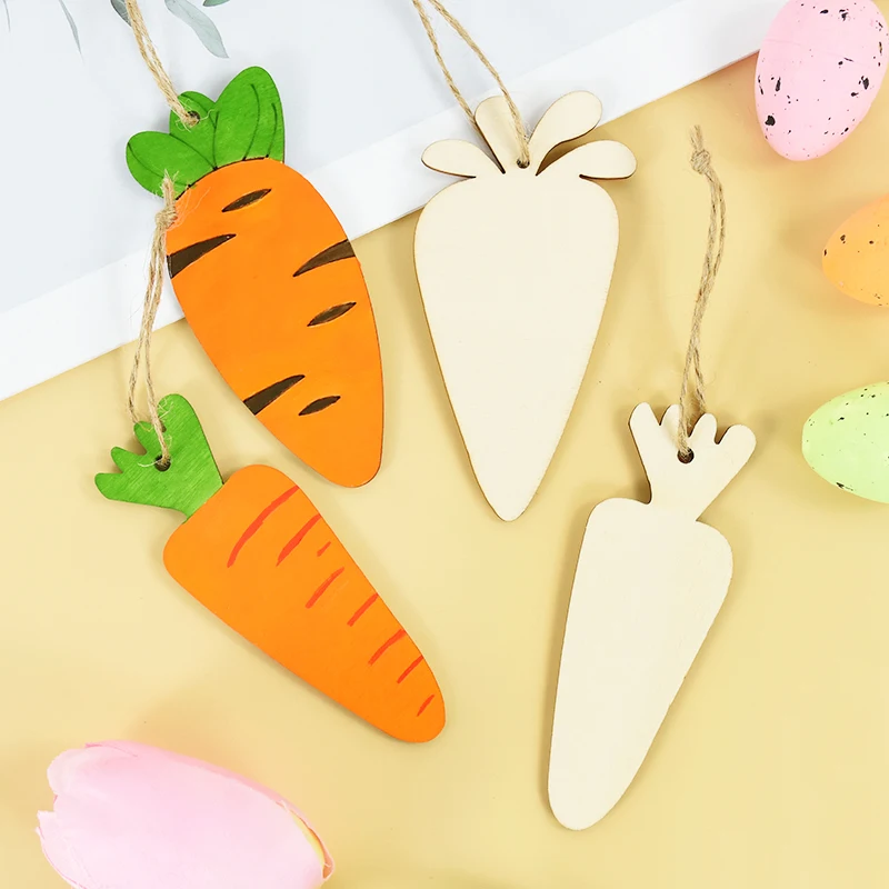 

12pcs Carrot DIY Graffiti Painting Wooden Ornament Crafts Kids Toys 2024 Happy Easter Party Hanging Decoration Wooden Pendant