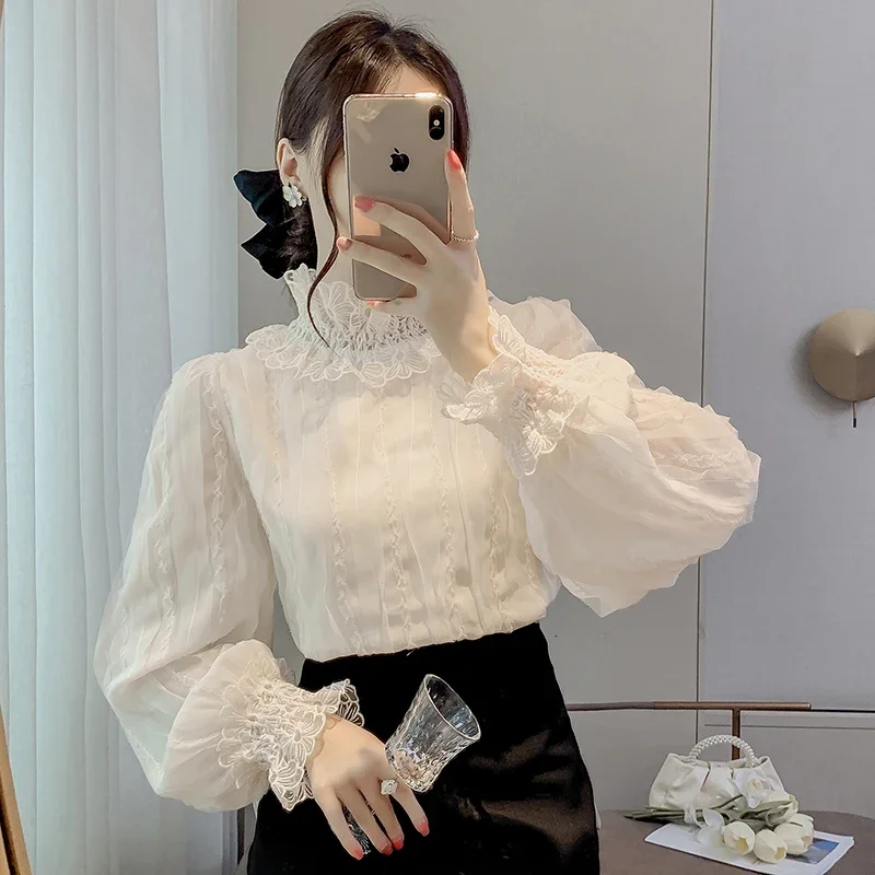 Women\'s Lace Shirts Blouses Y2k Vintage Aesthetic Harajuku 2000s Elegant Fashion Solid Color Long Sleeve Shirt Top Clothes 2024