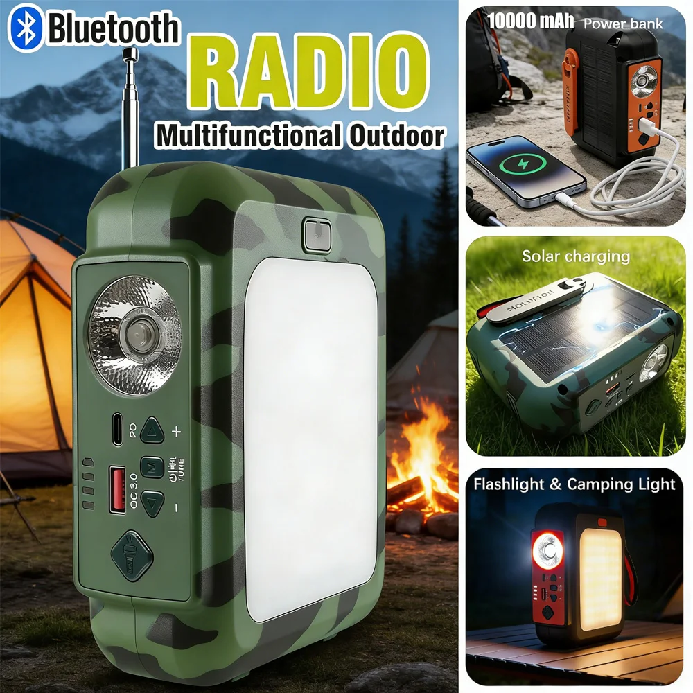 

Портативное аварийное солнечное радио — рукоятка, внешний аккумулятор емкостью 10000 мАч, многодиапазонный FM, светодиодный фонарик, Bluetooth